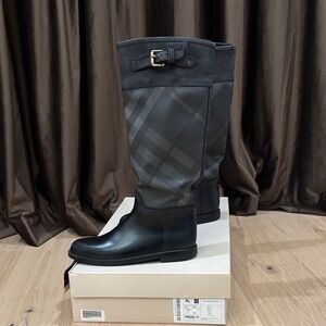 Burberry Black and Gray Plaid Knee-High Boots